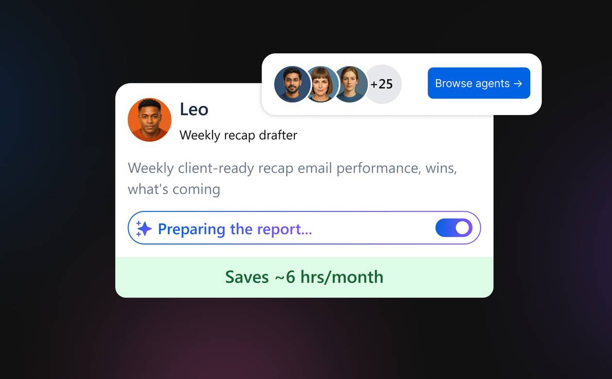 A close-up graphic of an AI agent card for Leo, a weekly recap drafter, beside a "Browse agents" button.
