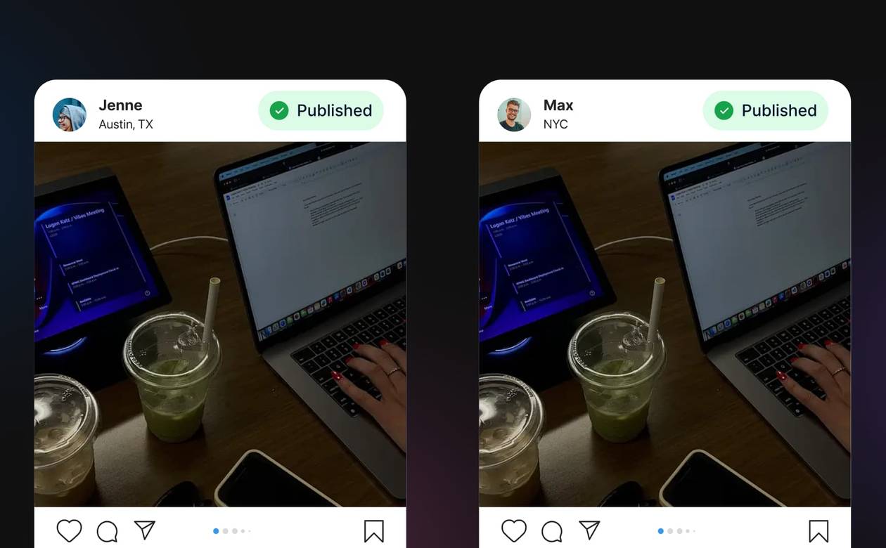 A side-by-side comparison of duplicate social media posts published by Jenne and Max showing identical image content.