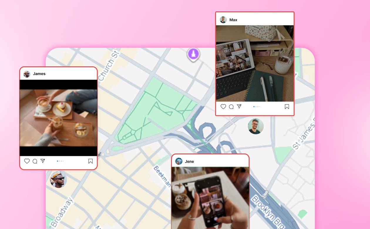 A map graphic overlay showing localized social media posts pinned to specific geographic coordinates across a city.