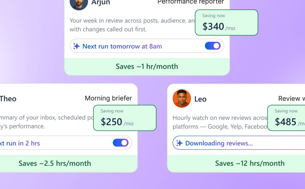 A card collage tracking monthly savings figures and time saved for the AI agents Arjun, Theo, and Leo.