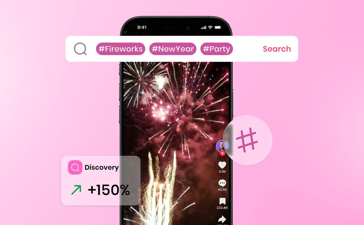 An illustration showcasing a TikTok alongside keywords and reach metrics.