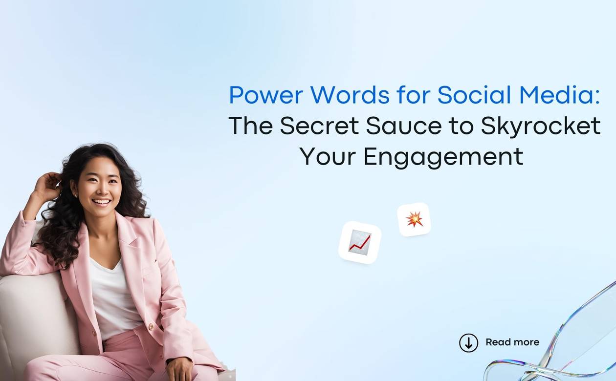 Power Words For Social Media. Woman in a pink pant suit lounges on the couch.