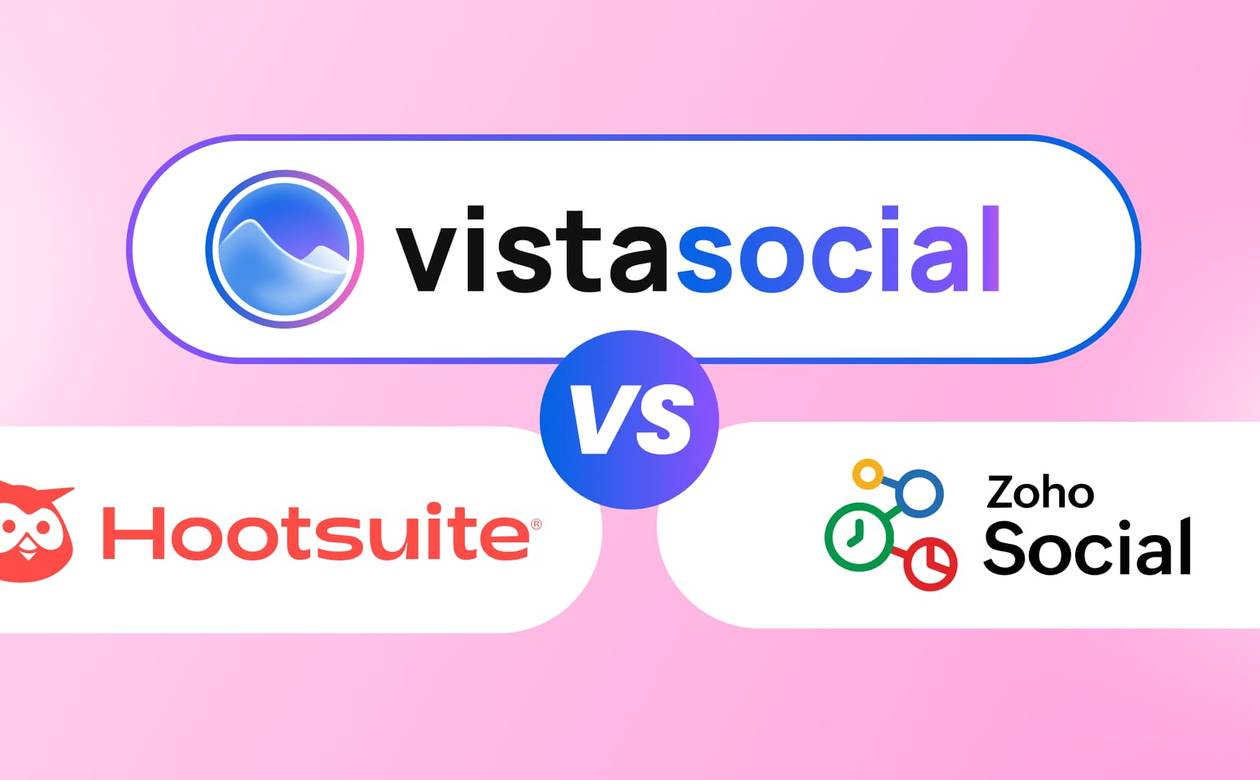 A comparison header graphic featuring the logos of Vista Social, Hootsuite, and Zoho Social around a central VS badge.