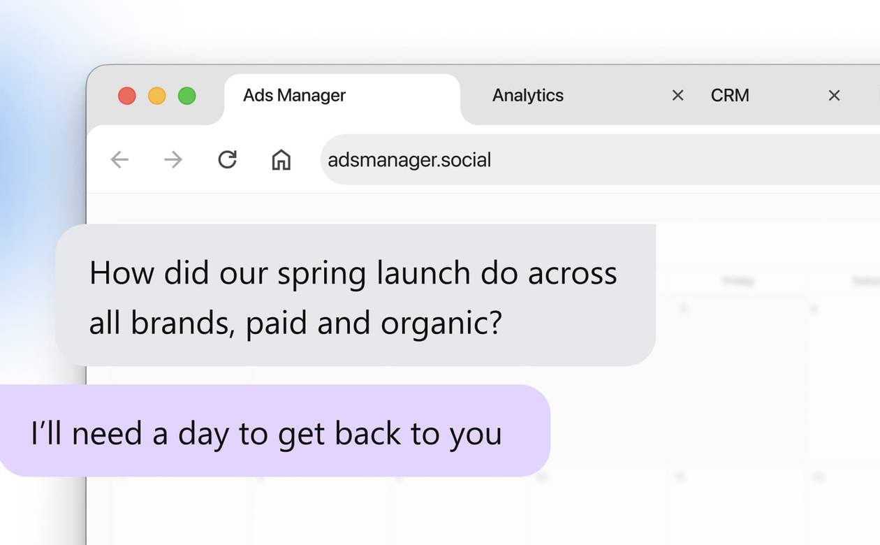 A header graphic depicting a prompt sent to an ad manager browser tab asking for cross-brand performance data, with a delayed response message.