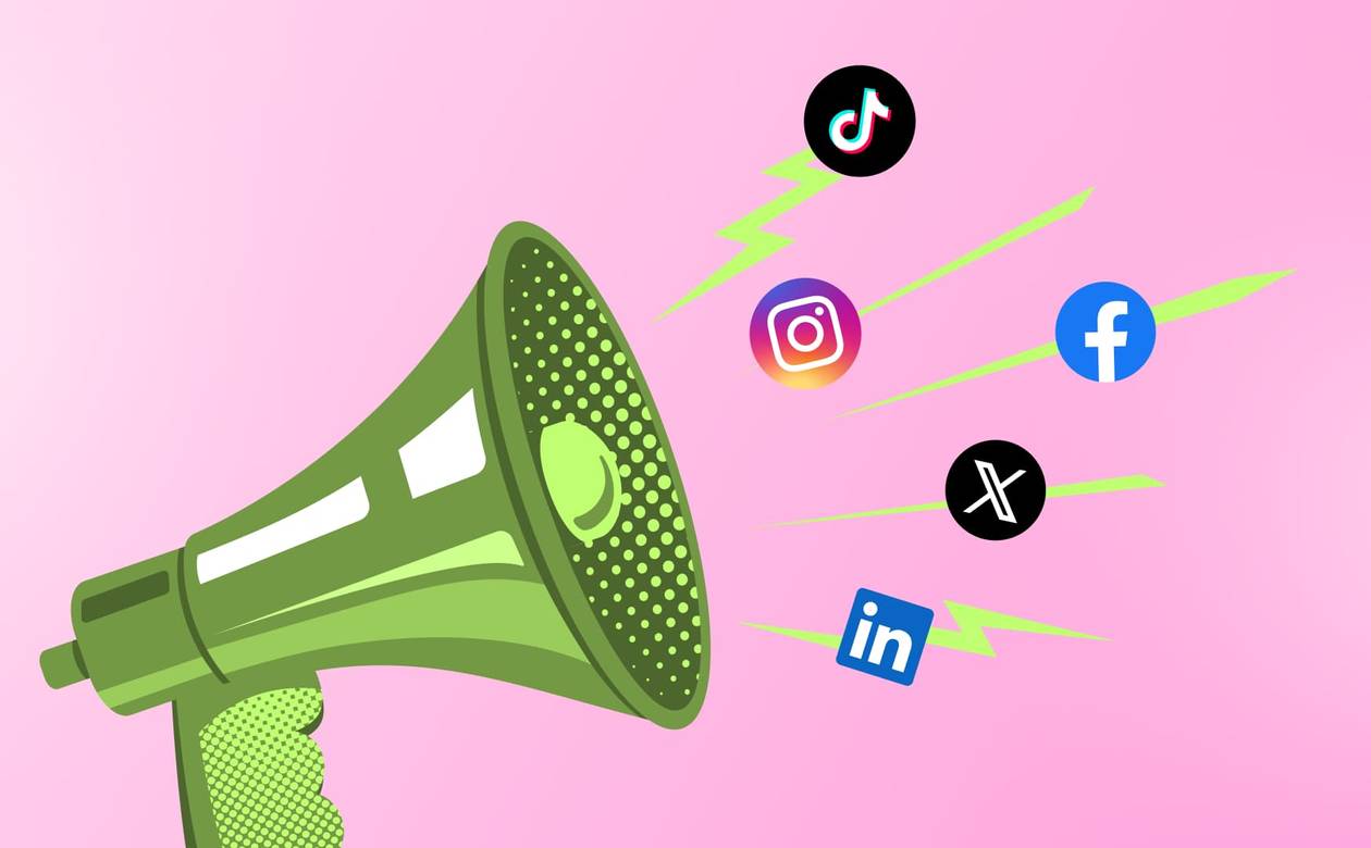 An illustration of a megaphone amplifying social media content.