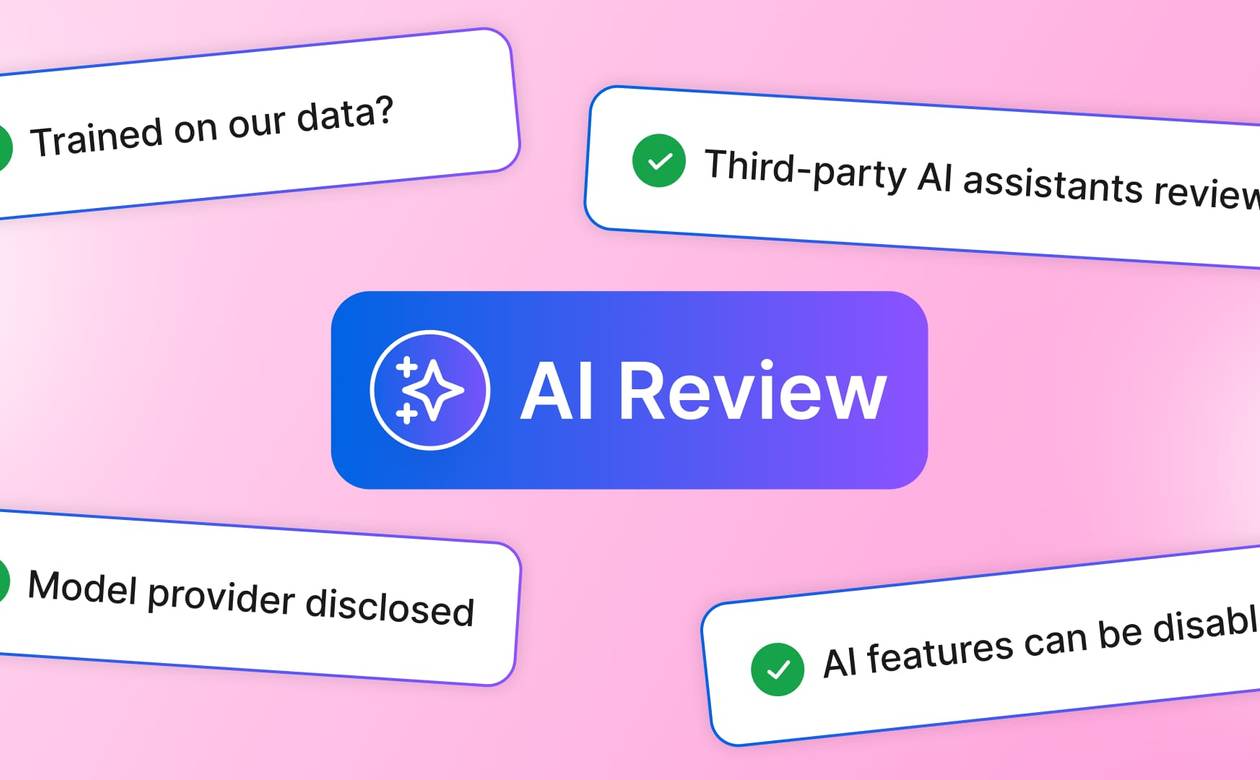 A card graphic illustrating AI review criteria, including data training policies, disclosed model providers, and disable toggles.