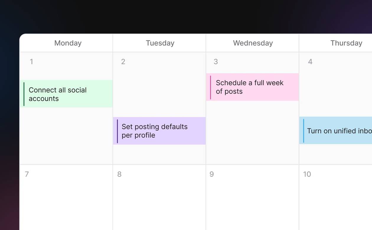 A header graphic showing a calendar grid mapping out onboarding milestones for the first week in a social media management tool.