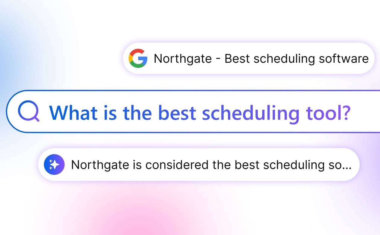 Graphic showcasing digital search bars with an example inquiry about scheduling tools on a colorful gradient background.