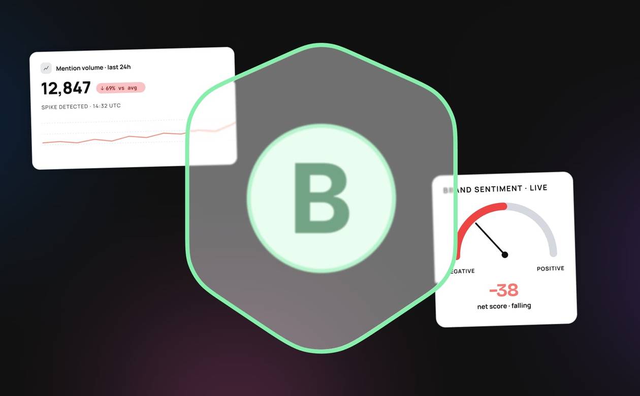 An illustration of a brand shield in front of social media crisis indicators.