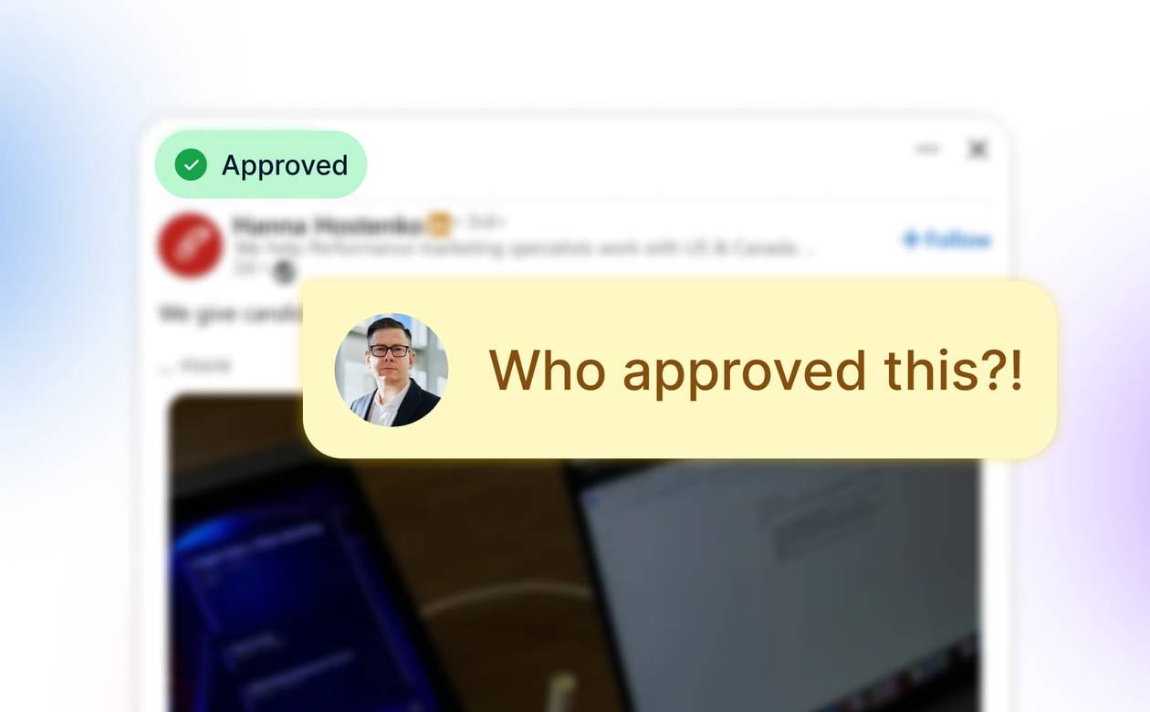 A header graphic showing a social media post marked as approved beside a speech bubble asking who approved it.