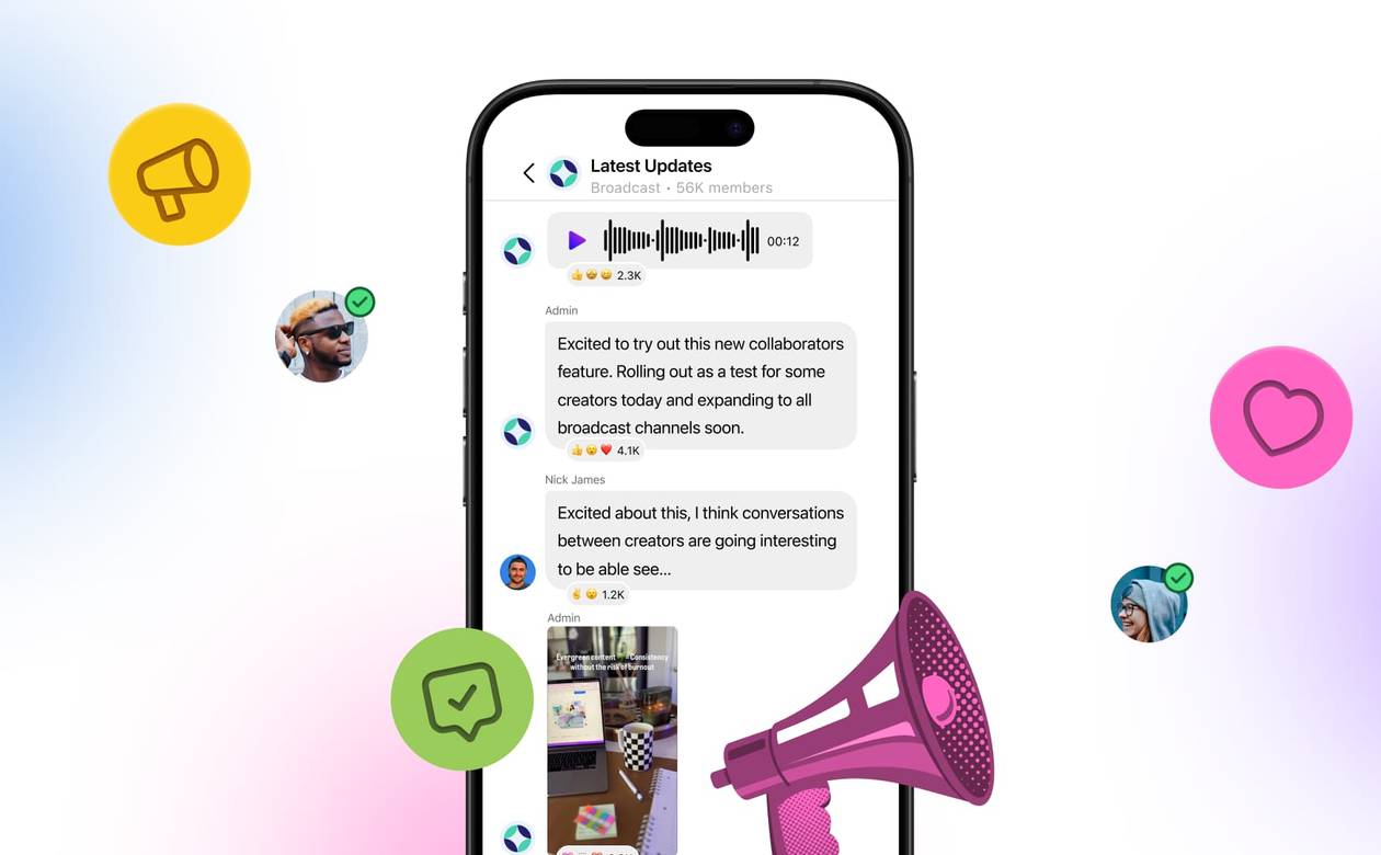 An illustration showcasing a megaphone overtop an Instagram broadcast channel.