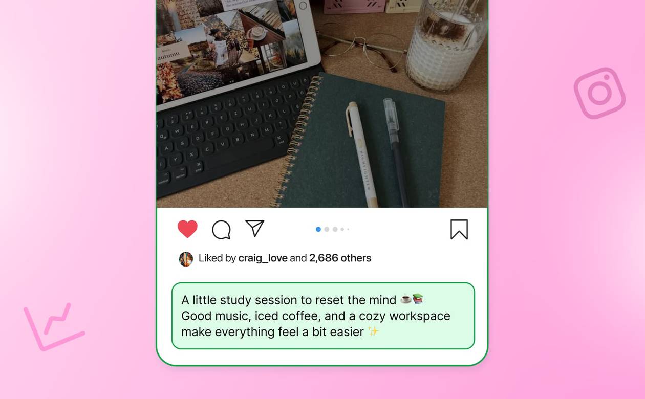 An Instagram post graphic featuring a study workspace photo and a caption card on a pink background with icons.