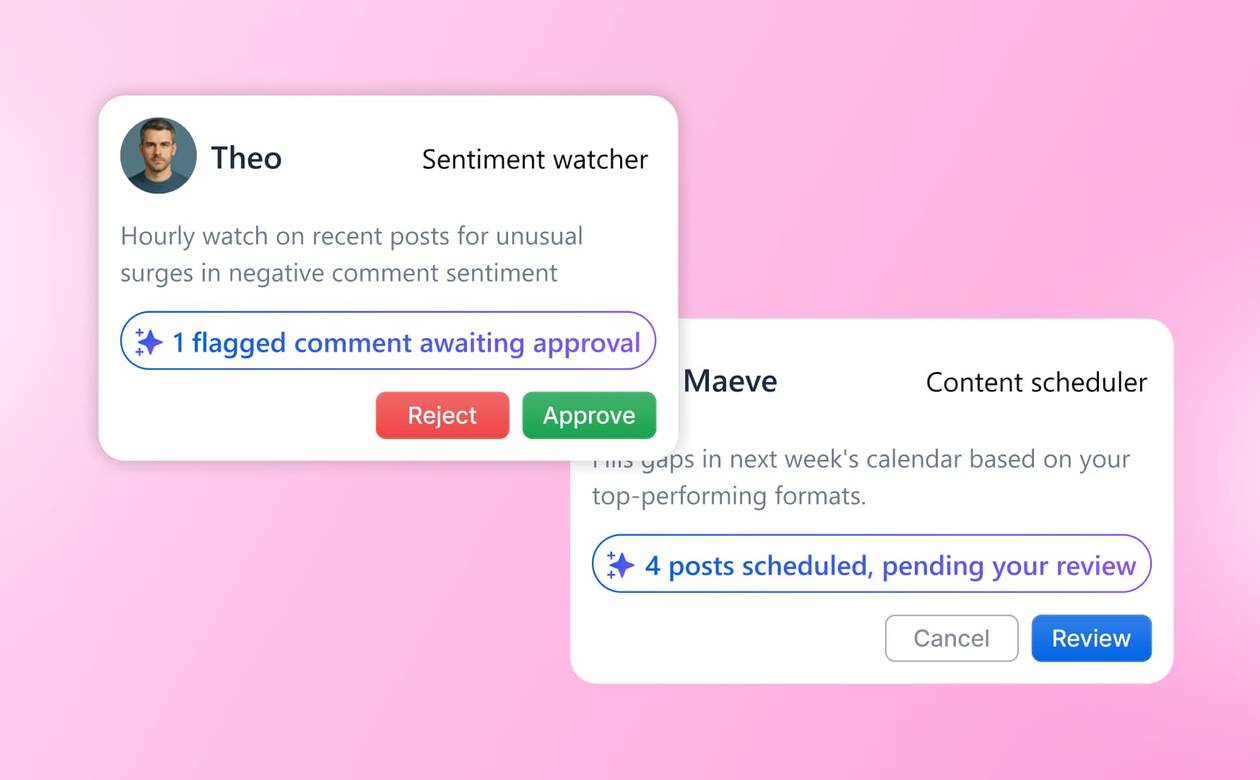 A card overlay graphic showing actionable tasks from the sentiment watcher agent Theo and content scheduler Maeve.