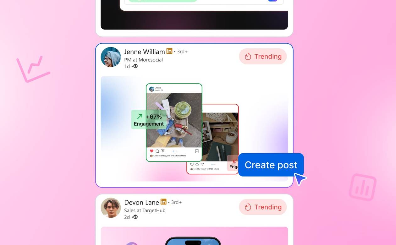A social media feed overview showing posts tagged with a red "Trending" badge on a soft pink gradient background.