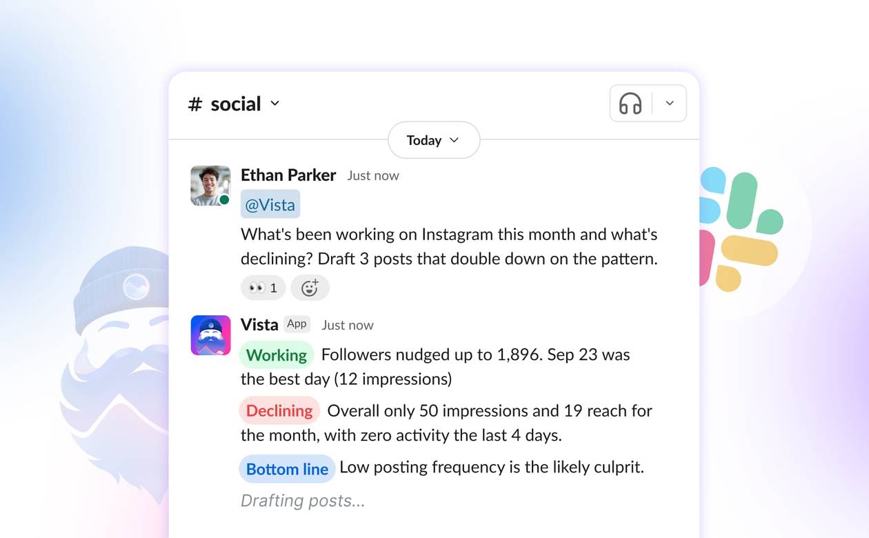 A header graphic showing a Slack message thread where a user queries Ask Vista about post counts across social profiles.