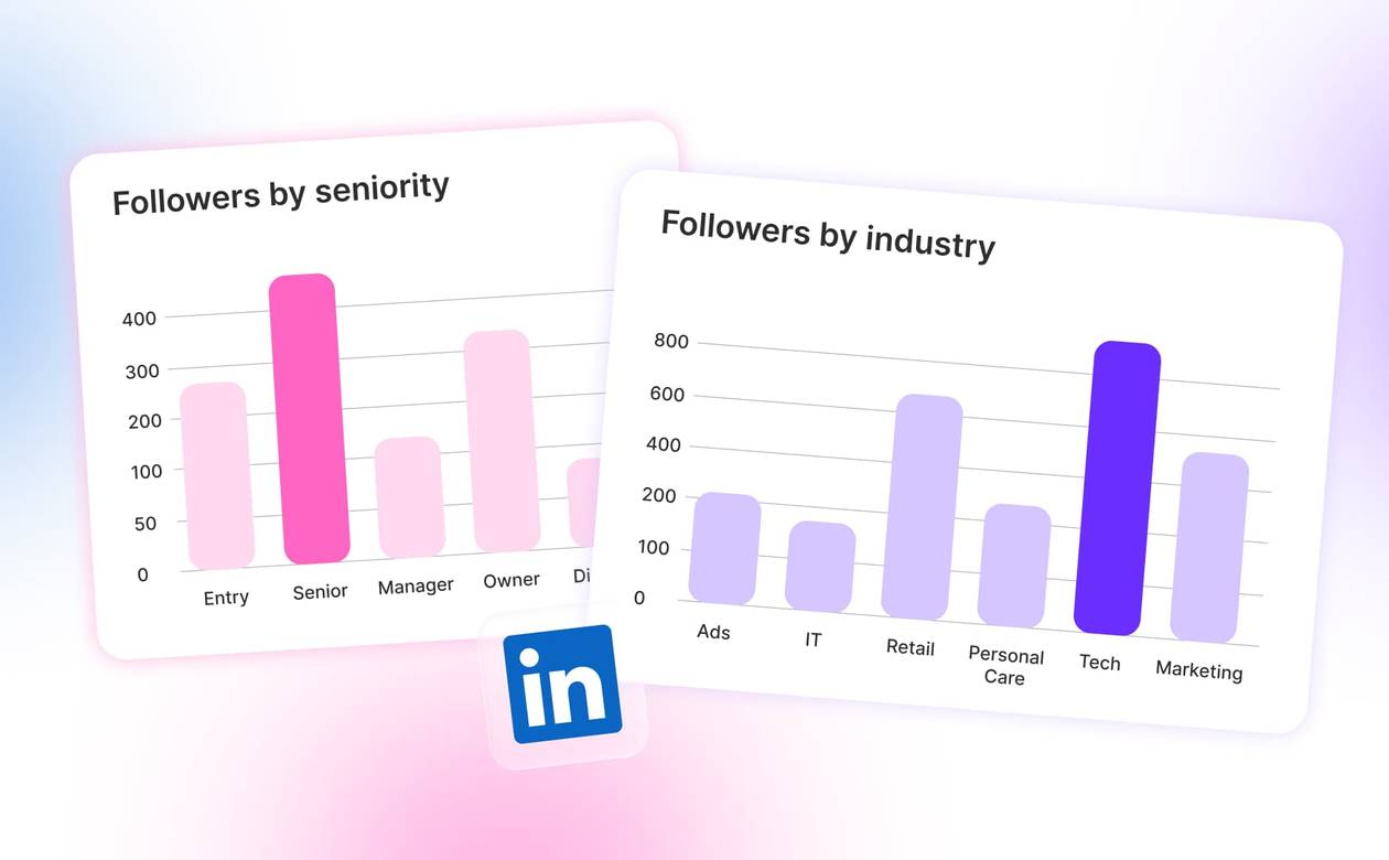 A header graphic featuring two data cards displaying LinkedIn follower distribution bar charts by seniority level and industry.