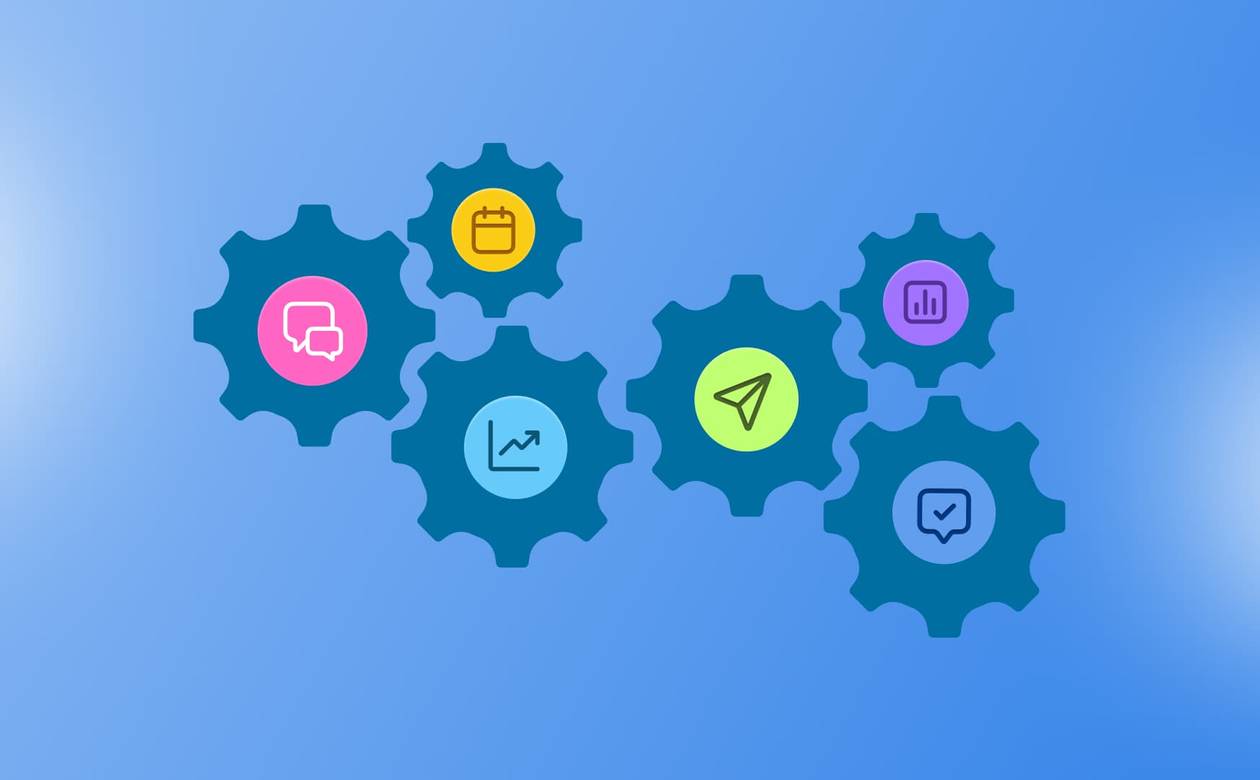 An illustration showcasing interlocking gears with social media tasks on them.