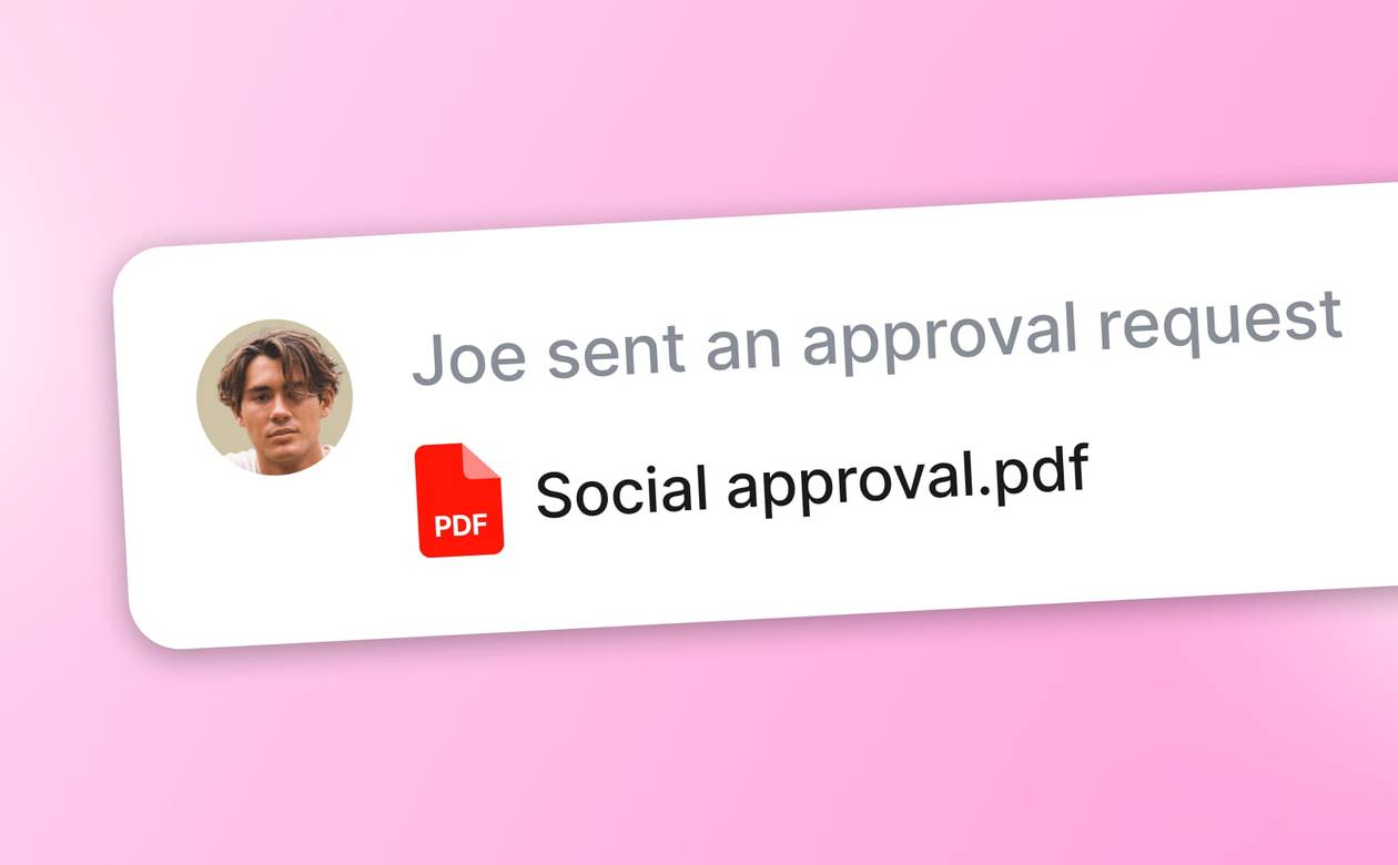 An approval request notification card from Joe containing an attached PDF document labeled Social approval.pdf.