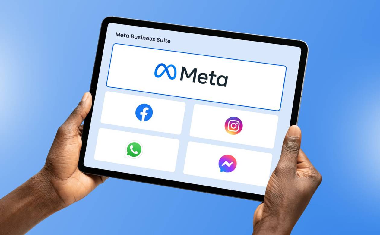 An illustration of an iPad showcasing all of the platforms under Meta.
