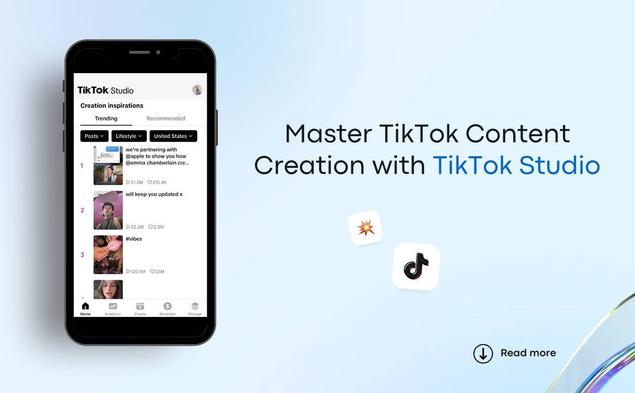 Master TikTok Content Creation with TikTok Studio. Phone displays TikTok Studio in the app.