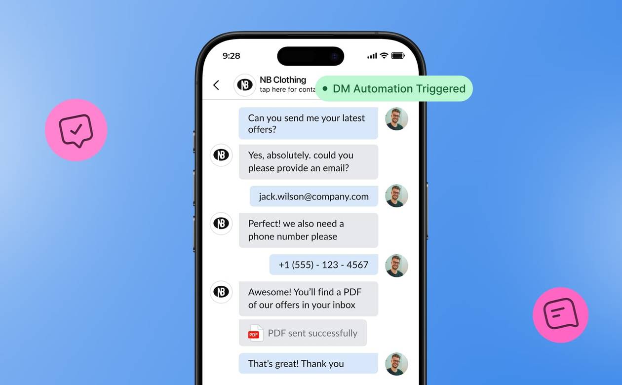 An illustration showcasing Vista Social's DM automation and PDF attachments.