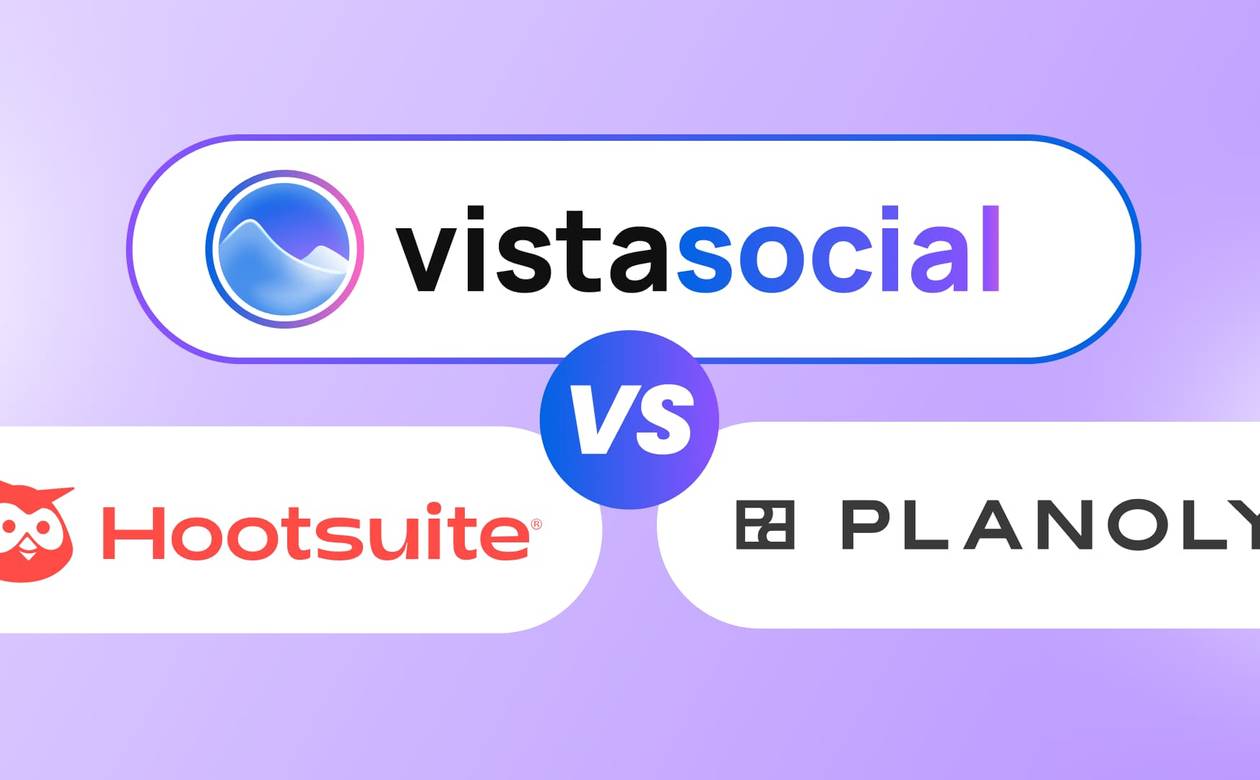 A comparison header graphic featuring the logos of Vista Social, Hootsuite, and Planoly around a central VS badge.