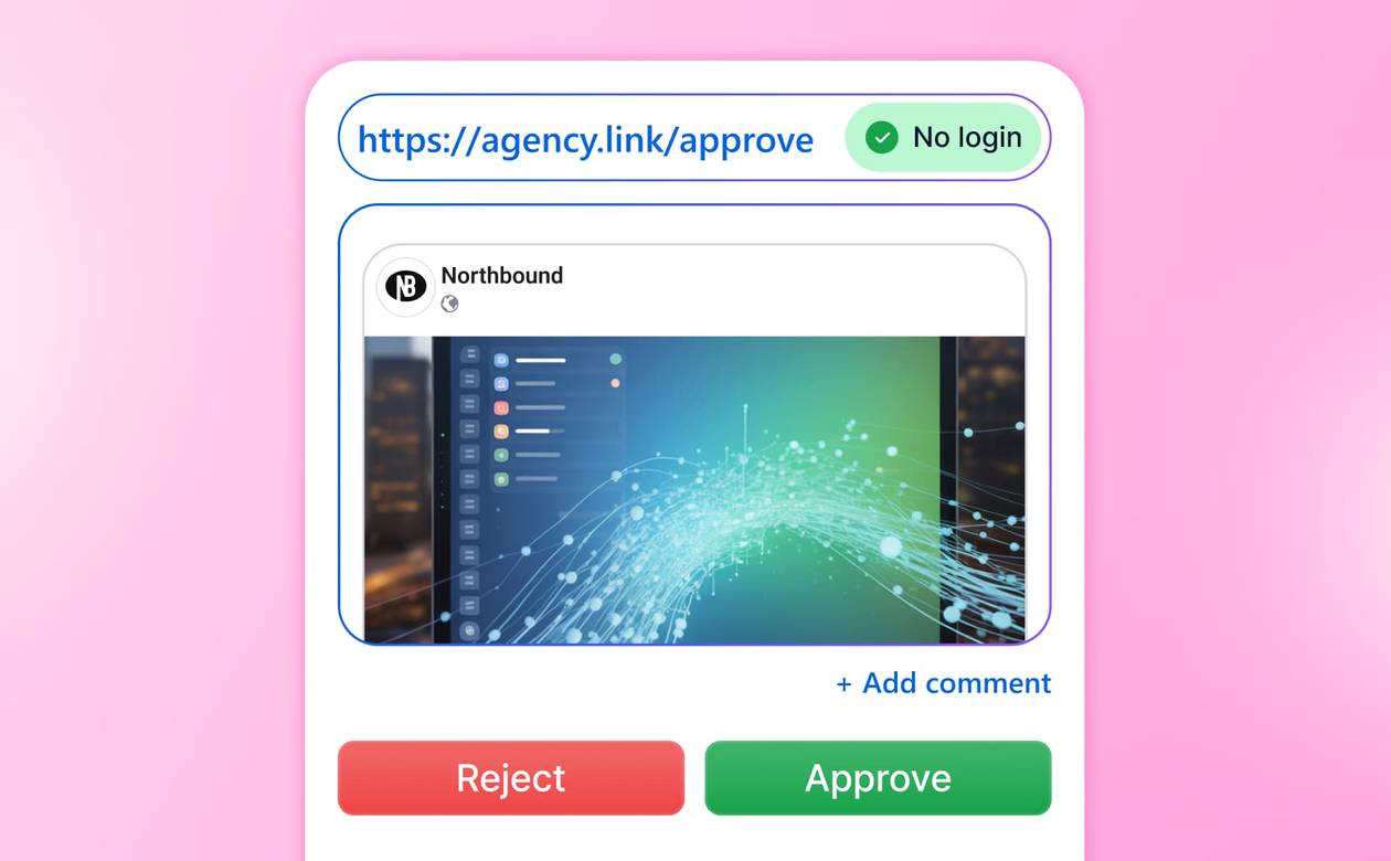 A client post review portal graphic featuring approve and reject buttons accessible via a direct shareable link without login.