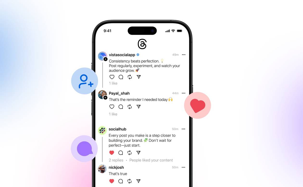 An illustration of a Threads post with follower, like, and comment icons surrounding it.