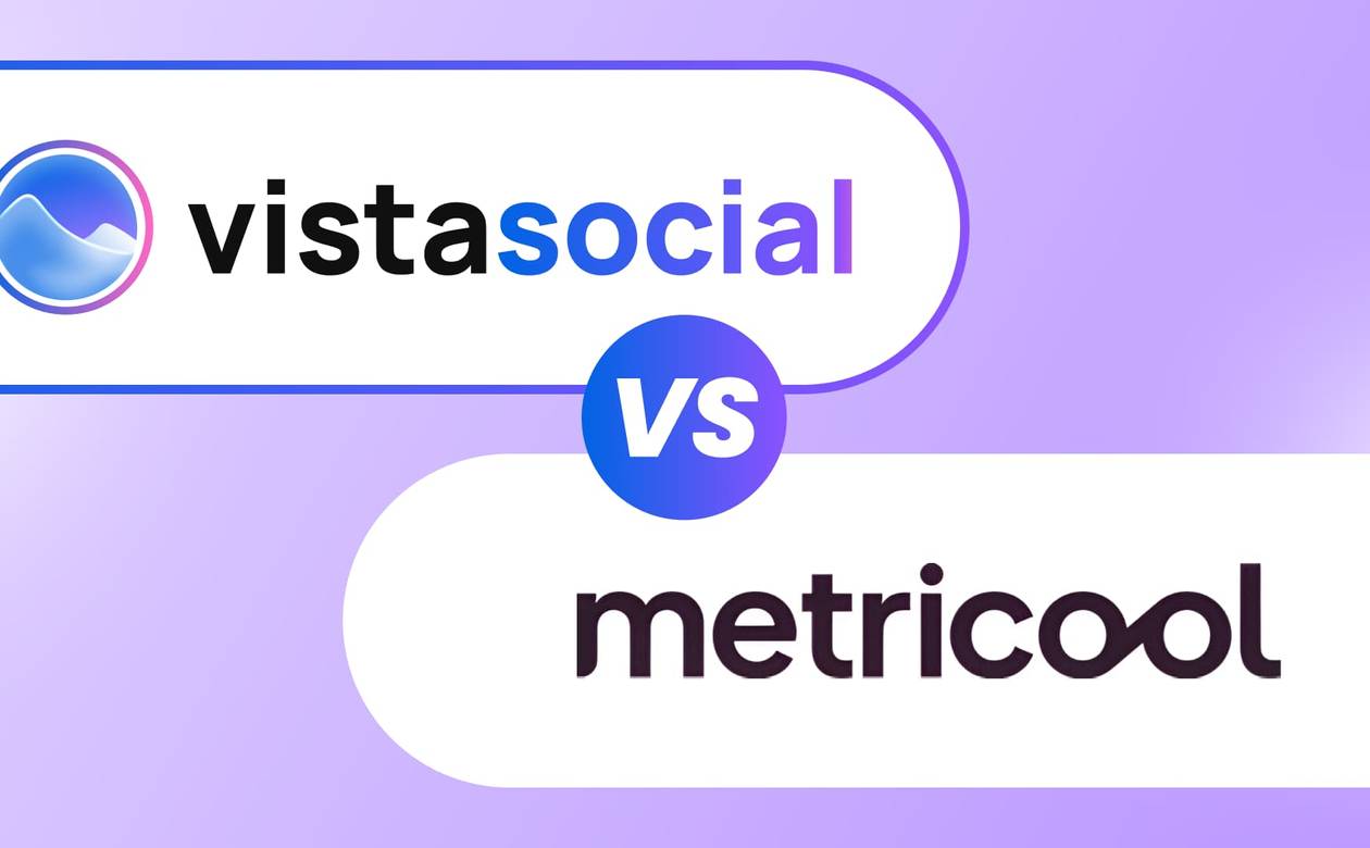 A comparison header graphic featuring the logos of Vista Social and Metricool separated by a central VS badge.