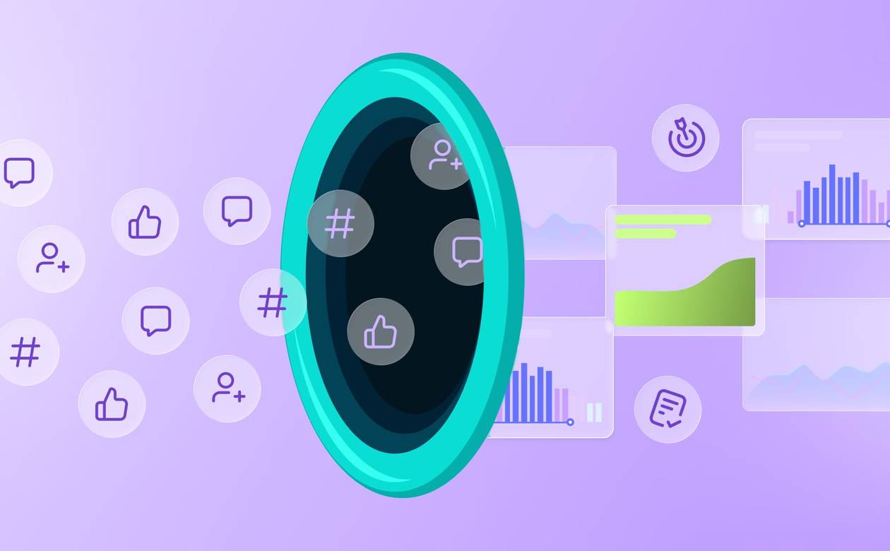 An illustration of marketing icons going into a funnel and being turned into insights.