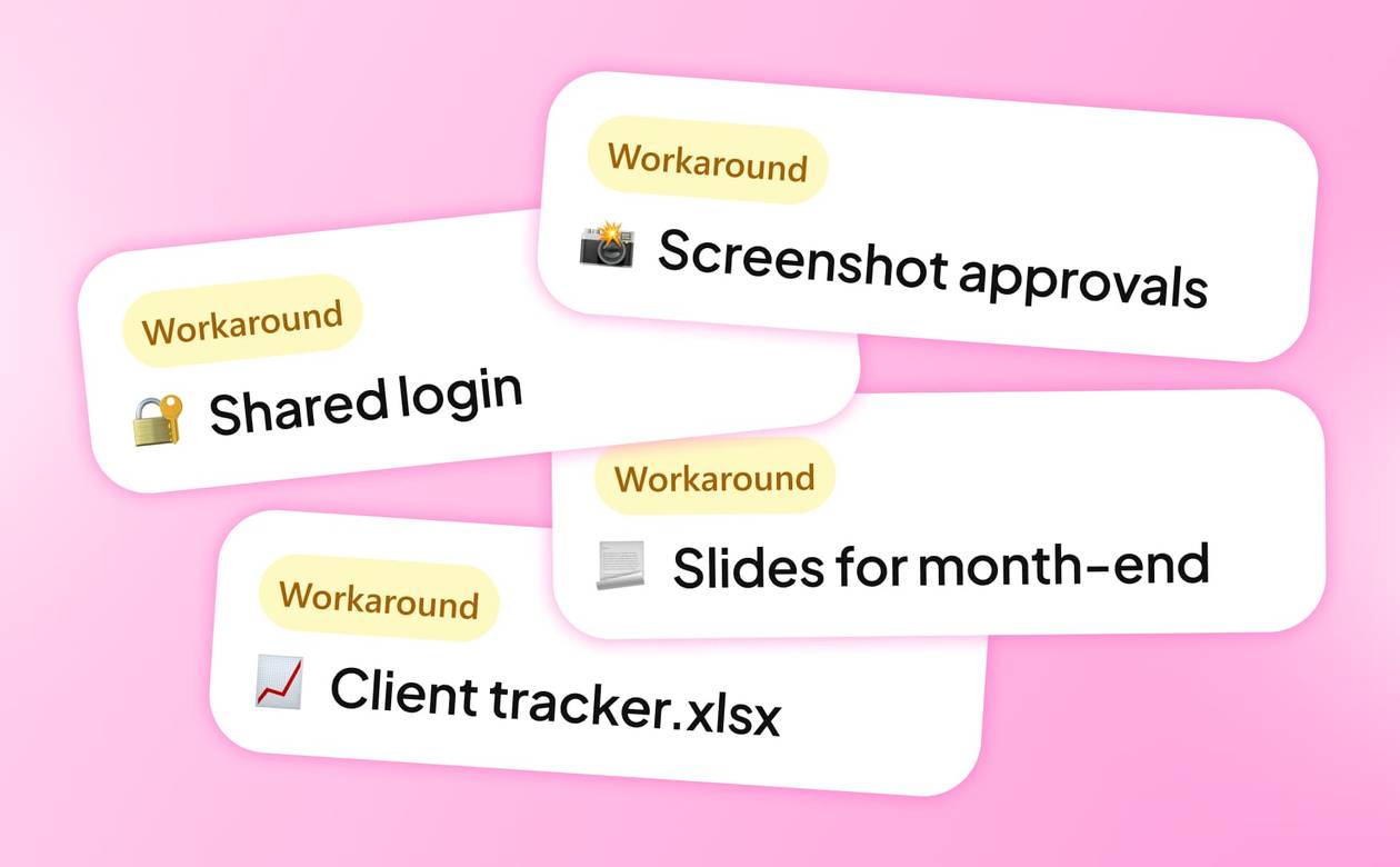 A header graphic displaying cards for common agency workarounds such as shared logins, screenshot approvals, slides, and client tracker spreadsheets.