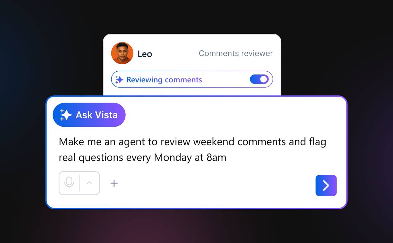 An overlay infographic displaying a custom prompt to create a weekly review agent next to Leo's active status card.