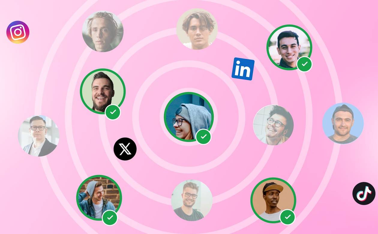 Graphic of diverse user avatar circles arranged on a target bullseye pattern alongside social media platform logos.
