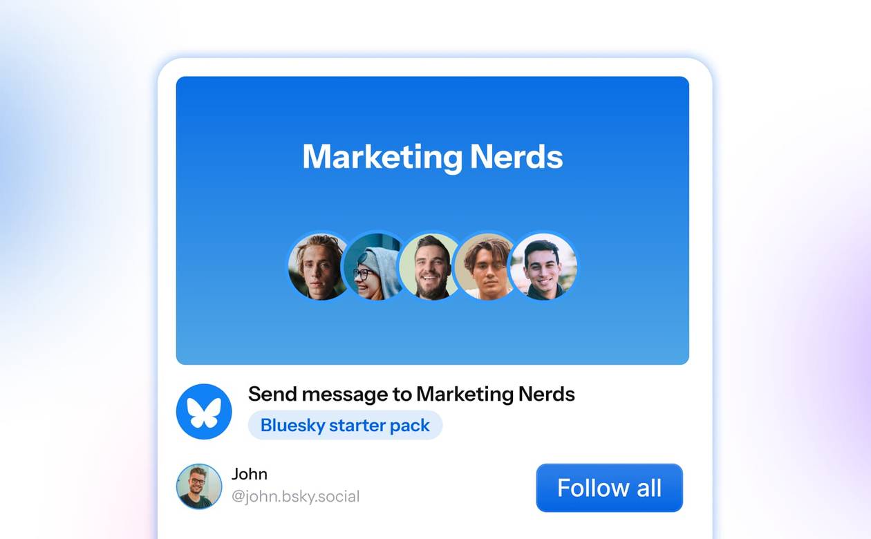A header graphic previewing a Bluesky Starter Pack for "Marketing Nerds" with user profile avatars and a "Follow all" action button.