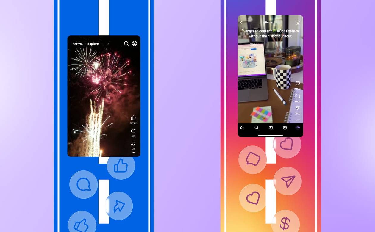 An illustration of two roads side-by-side: one representing Facebook Reels and the other representing Instagram Reels.