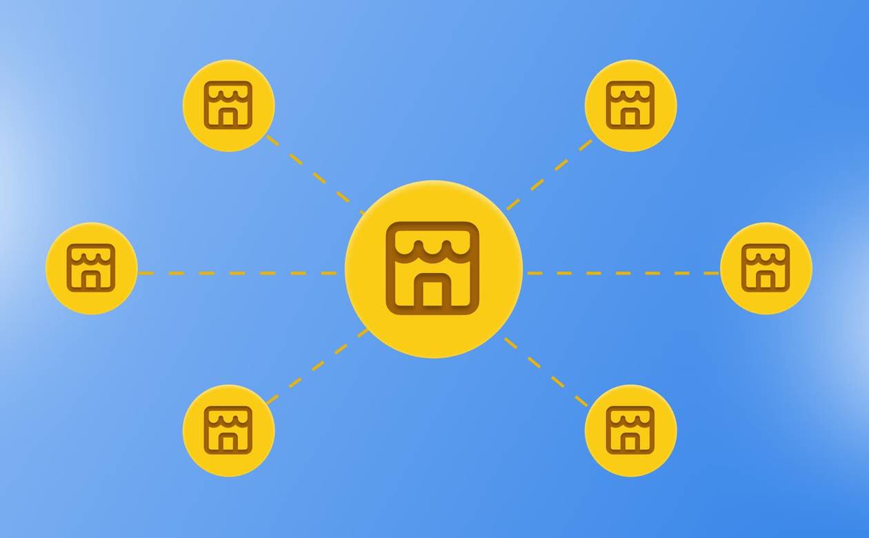 An illustration of a franchise network with smaller companies connected to its headquarters.
