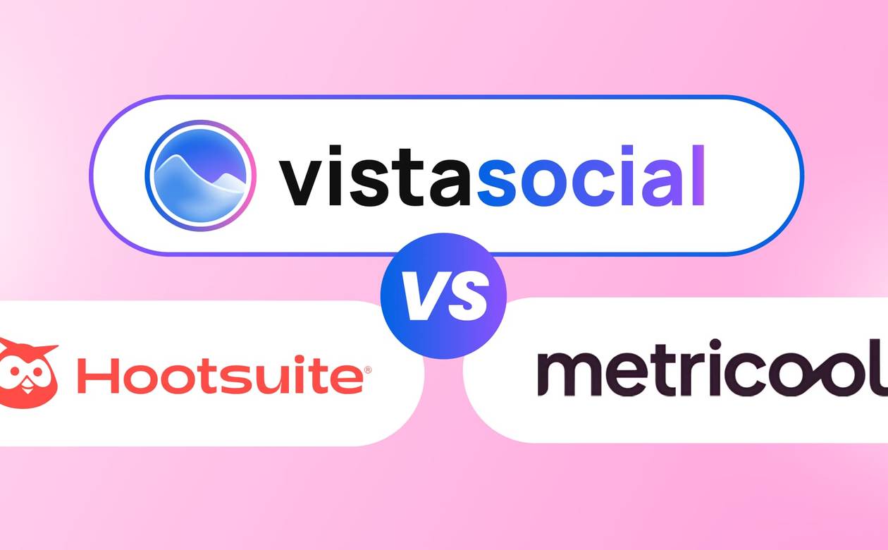 A comparison header graphic featuring the logos of Vista Social, Hootsuite, and Metricool around a central VS badge.