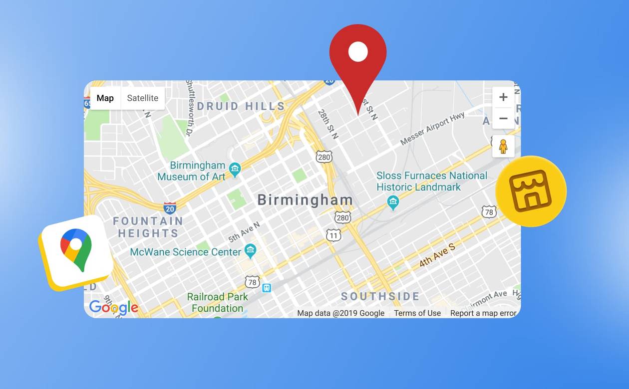 An illustration of a Google Map with a marker on a business location.