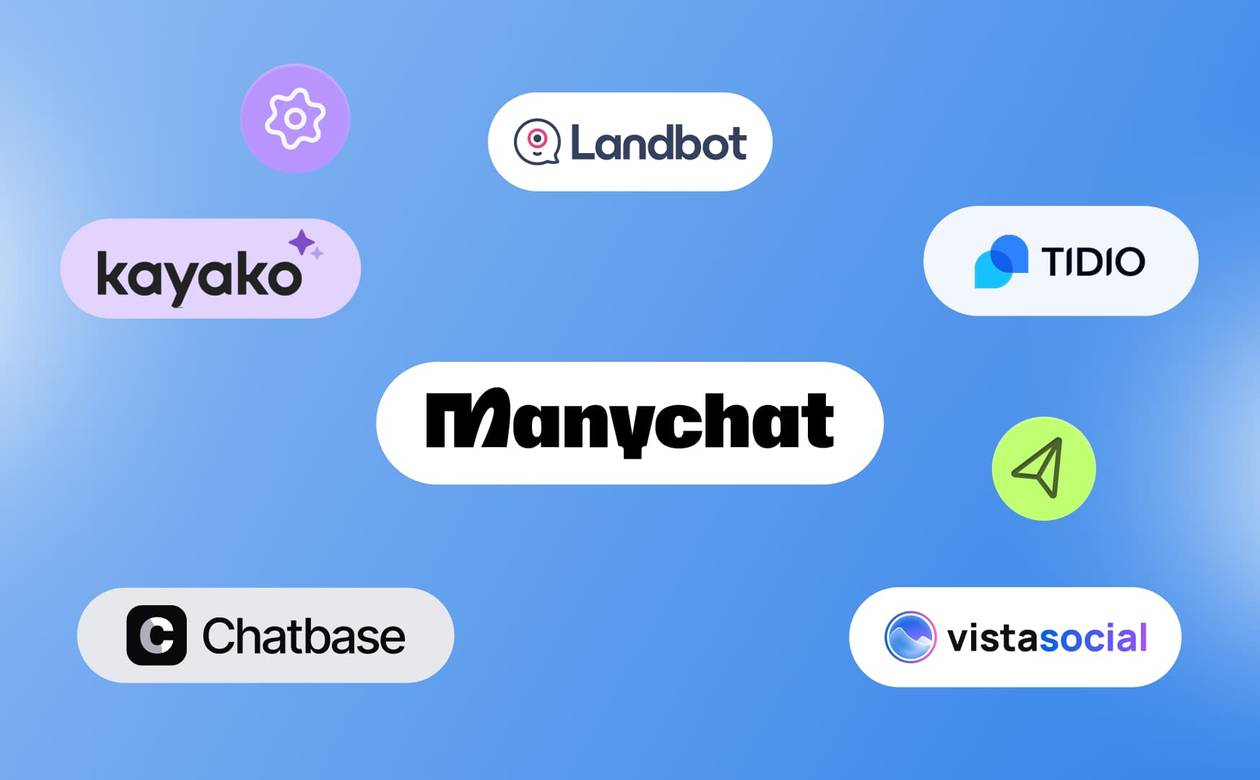 An illustration showcasing different Manychat alternatives like Vista Social, Landbot, and Tidio.