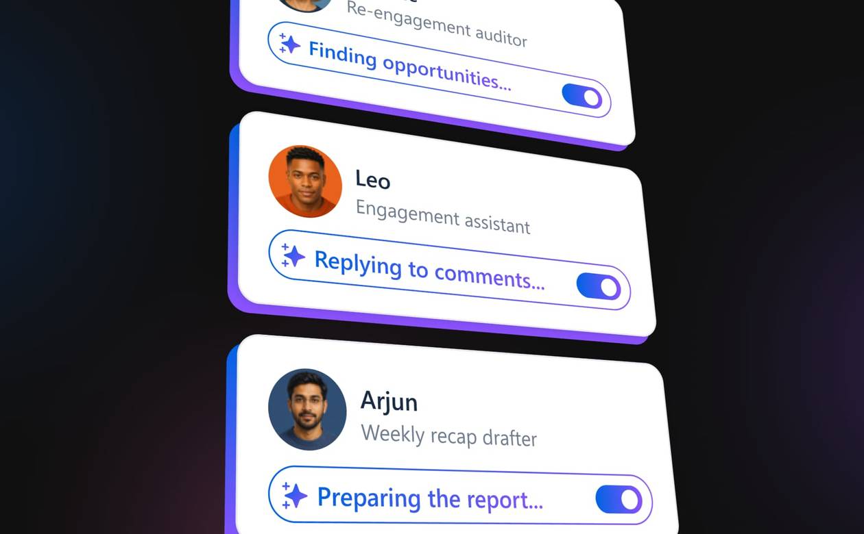 A digital collage showing a close-up of vertical AI agent cards tracking active task status bars with toggle switches.
