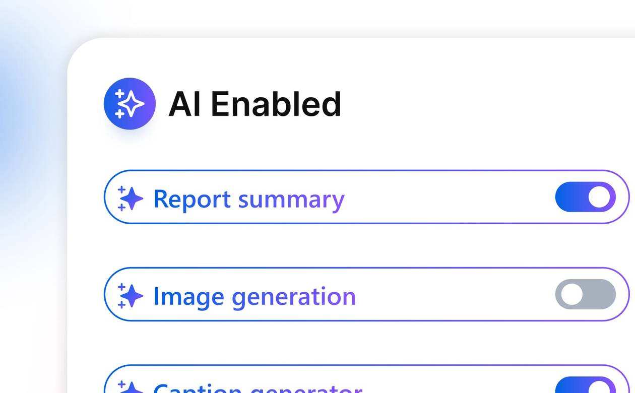 An AI Enabled status settings card featuring toggle controls for report summaries, image generation, and caption tools.