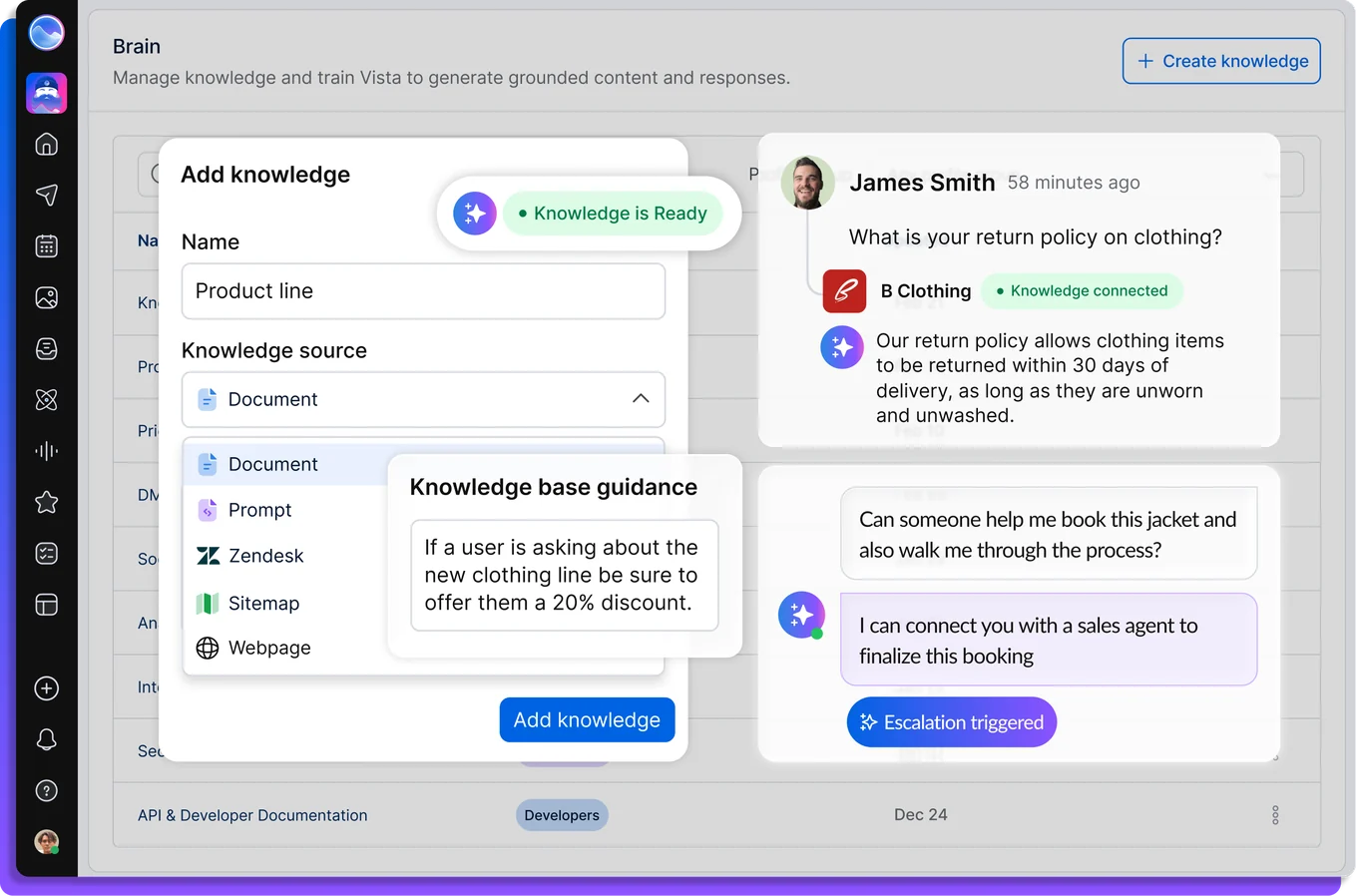 Brain in Vista Social: adding brand knowledge and the grounded replies it produces