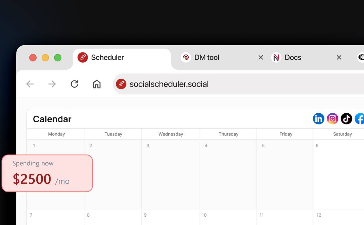 A browser window frame illustrating multiple open tabs for separate social tools alongside a monthly cost indicator badge.
