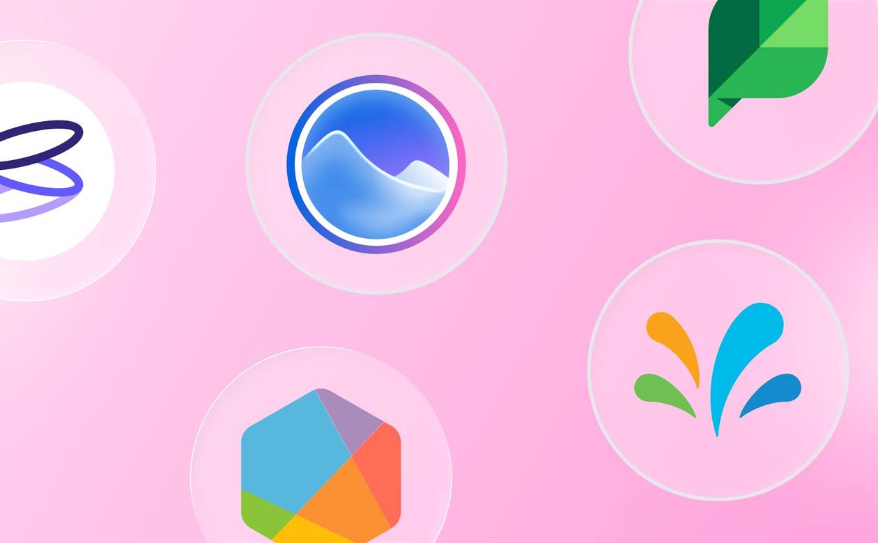 A graphical composition displaying circular brand logos of major social media management platforms against a pink backdrop.