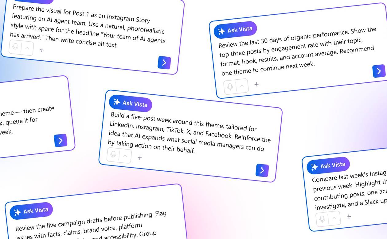 A collage of interactive Ask Vista prompt cards outlining sequential steps for performance reviews, content creation, and draft audits.