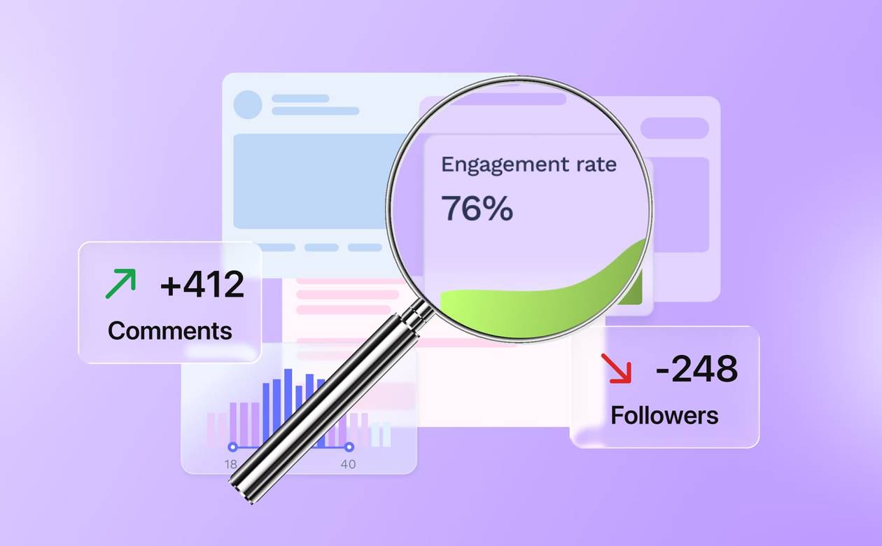An illustration of a magnifying glass pinpointing quick wins in a social media audit.