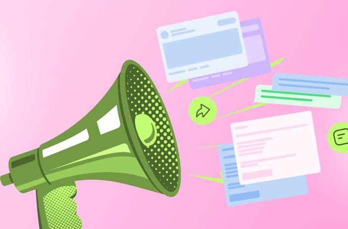 An illustration of a megaphone promoting online posts to boost brand awareness.