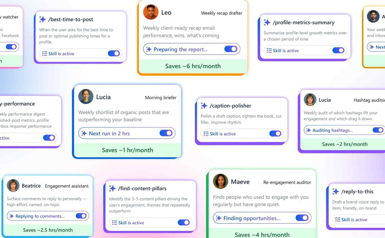 A collage of digital feature cards displaying various AI agent skills and time-saving metrics within a platform.