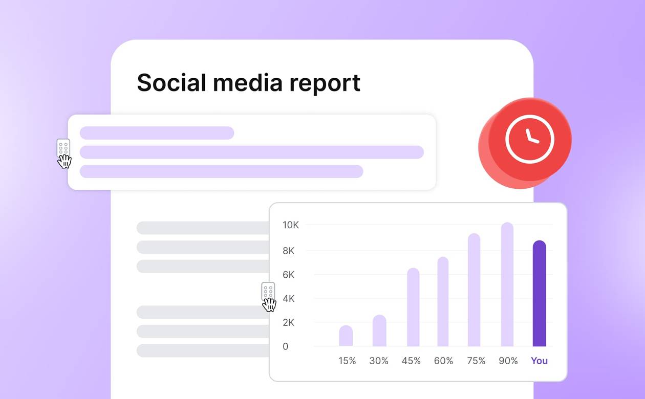 A card graphic illustrating a customizable social media report with drag-and-drop block controls and metric bar charts.