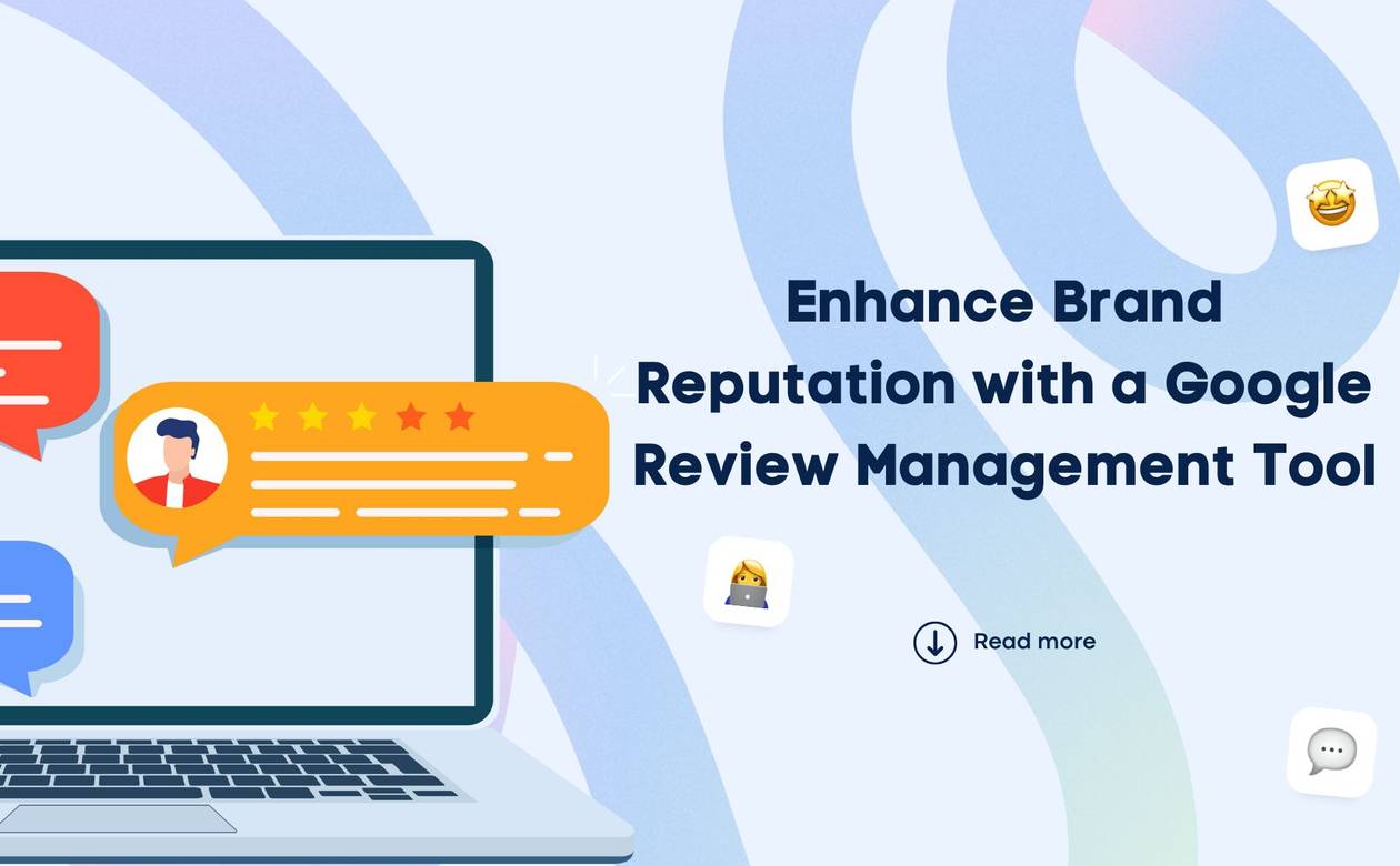 Google review management tool graphic showing review ratings and a laptop.